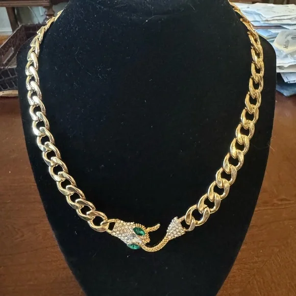 Simulated Diamond Inlaid Snake Head & Tail, Emerald Color eyes Goldtone Necklace - Picture 3 of 9